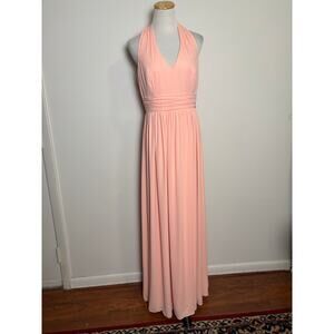 David's Bridal Halter Bridesmaid Dress Size 10 Bellini Ruched Waist Flowy V-Neck